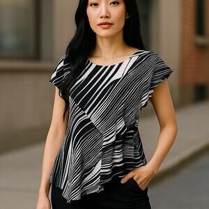 RELATIVITY Black & White Abstract Front Ruched Cap Sleeve Top ~ Women's XL